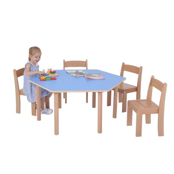 Pastel Hexagon Table & 4 Stackable Beech Chairs